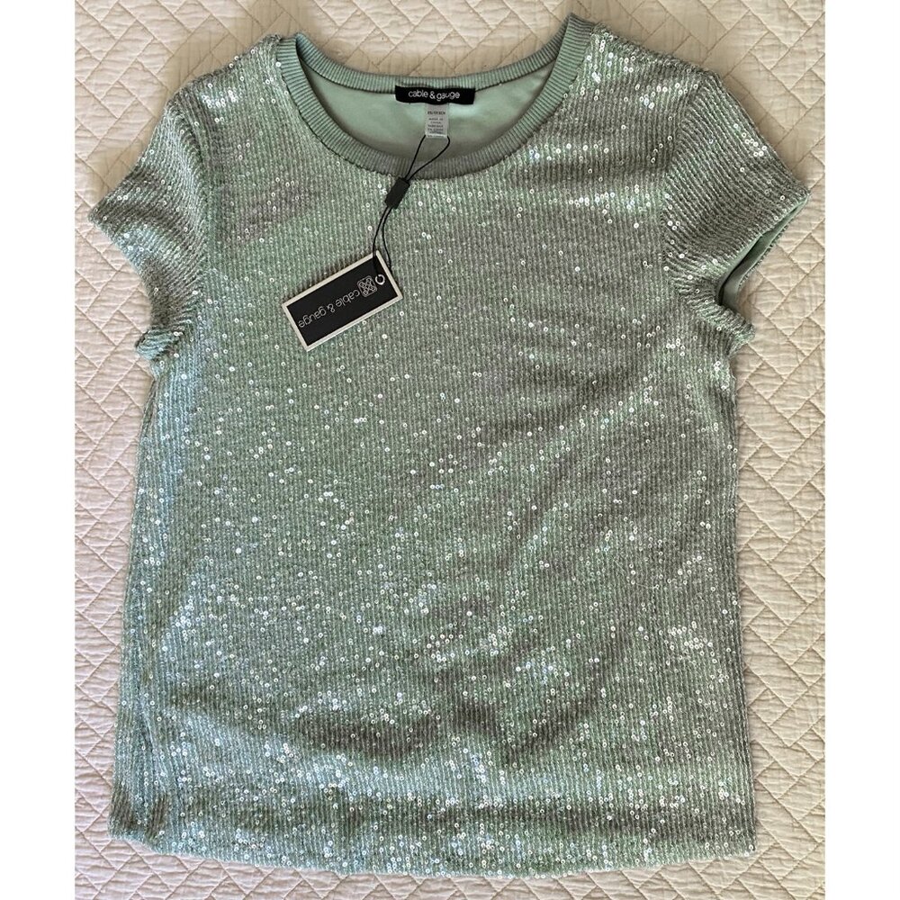 Cable And Gauge Sequin Tee in Mint Green, Size XS